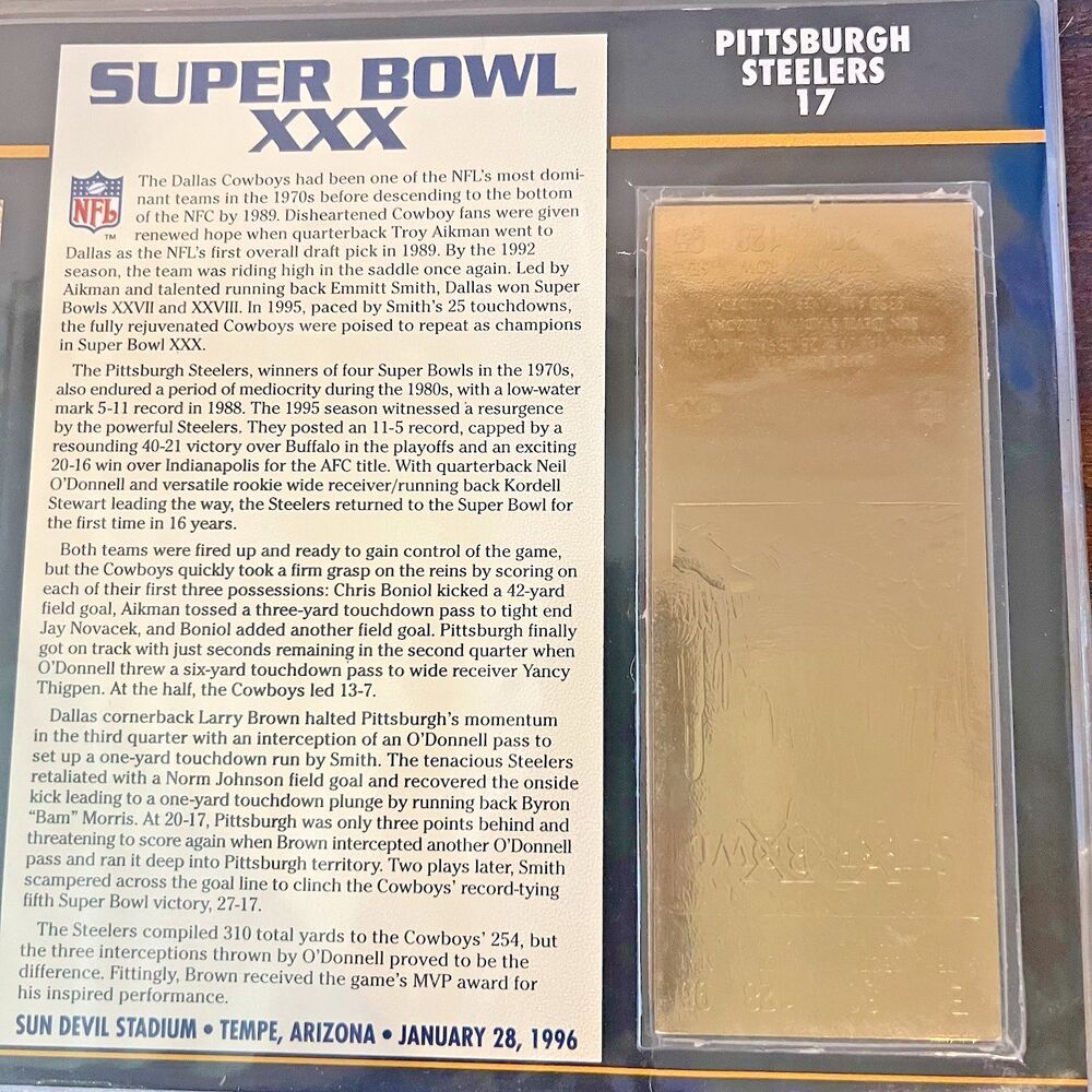 Super Bowl XXX Commemorative Gold Plated Super Bowl Ticket 22KT Willabee & Ward - Picture 7 of 10